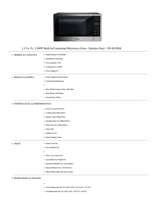 Panasonic 1.3 cu ft 1100W, Stainless Steel Body & Door NN-SU676S