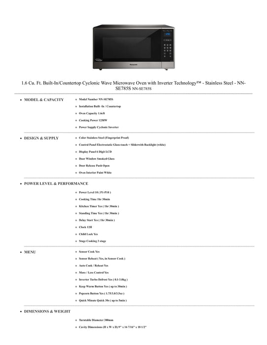 Panasonic 1.6 cu ft 1250W Cyclonic Wave, Stainless front, Dial Control NN-SE785S