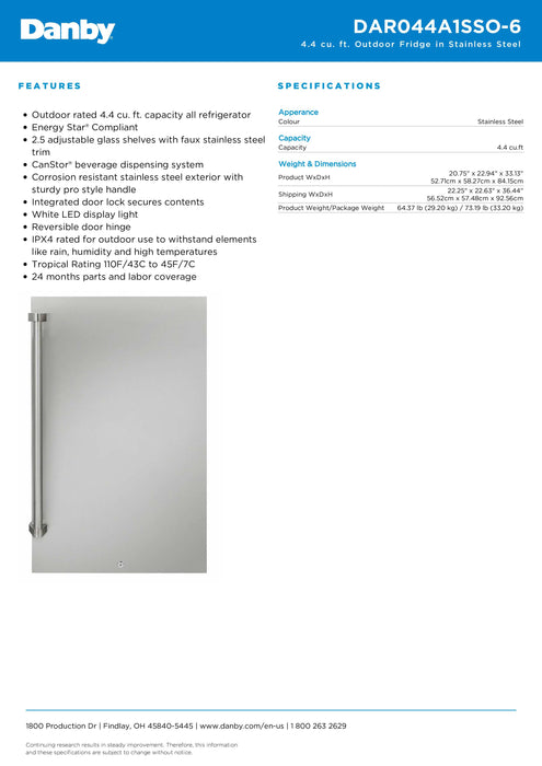 Danby 4.4 CuFt. Outdoor Compact Refrigerator, ESTAR, LED White Light, Door Lock DAR044A1SSO