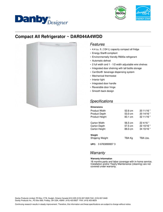 Danby 4.4 CuFt. Counter High All Refrigerator, Auto Cycle Defrost, Energy Star DAR044A4WDD