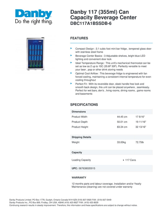 Danby 3.1 CuFt. Beverage Center, Tempered Glass Door, Wire Shelves DBC117A1BSSDB-6