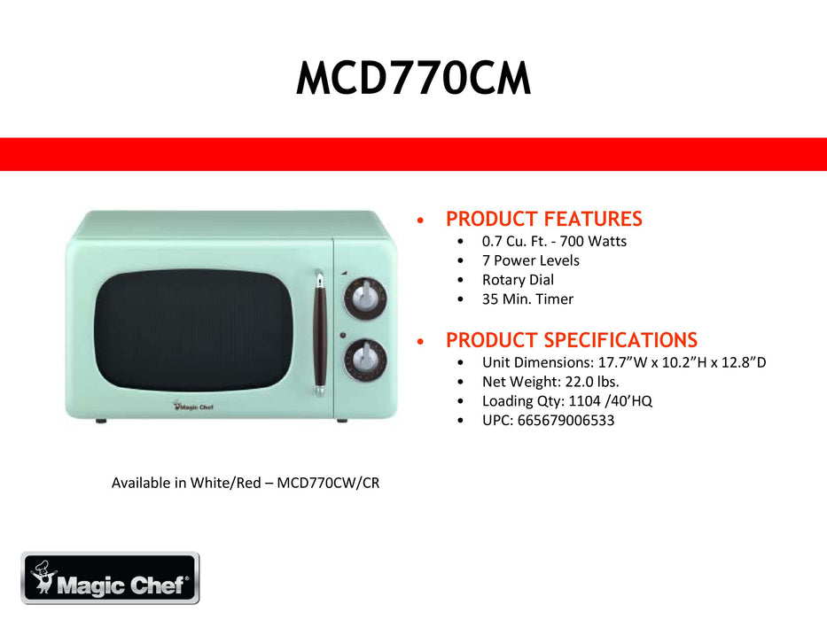 Magic Chef 0.7 Cu Ft Retro Countertop, 700 Watt, Rotary Dial, Timer, 7 Power Levels MCD770CM