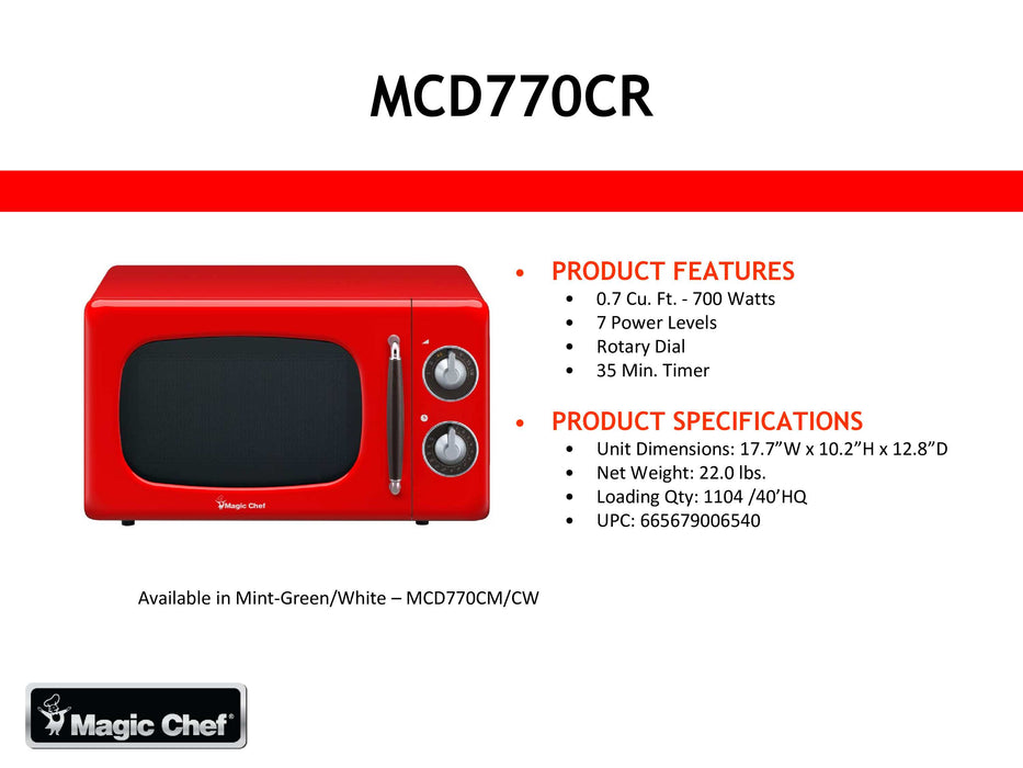 Magic Chef 0.7 Cu Ft Retro Countertop, 700 Watt, Rotary Dial, Timer, 7 Power Levels MCD770CR