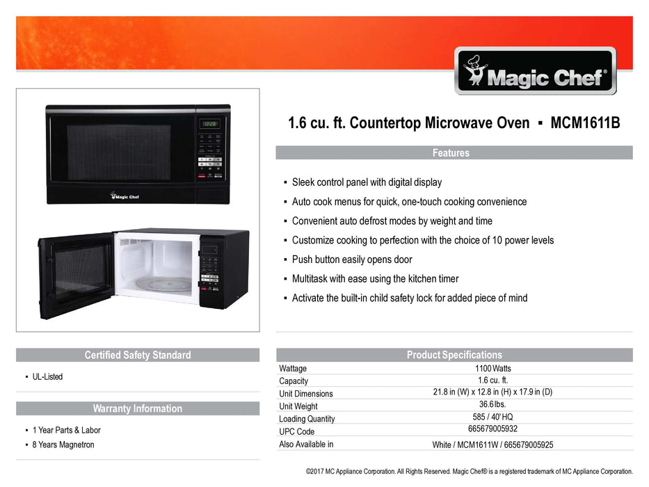 Magic Chef 1.6 Cu Ft Countertop 1100 Watt Digital Touch MCM1611B