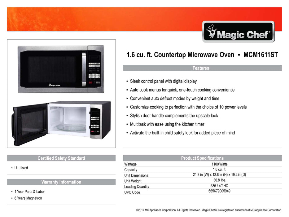 Magic Chef 1.6 Cu Ft Countertop 1100 Watt Digital Touch MCM1611ST