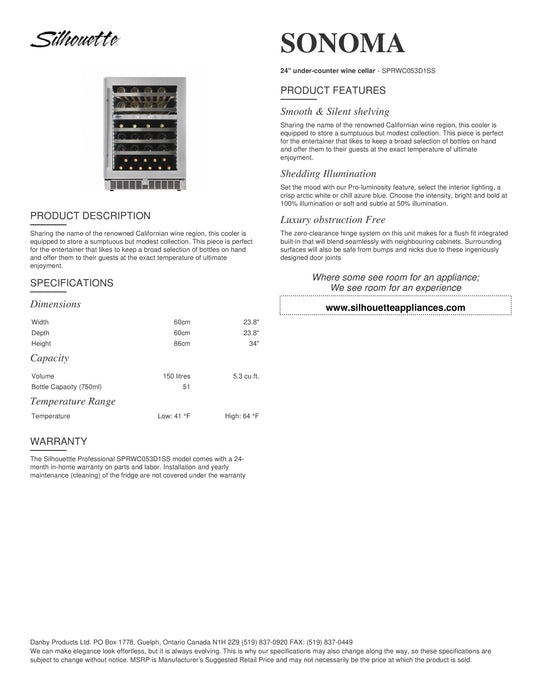 Danby Silhouette 51 Bottle Integrated Wine Cooler, Low-E Dual Pane Door, Pro Style Handle SPRWC053D1SS